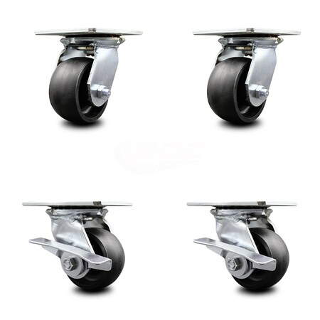 Service Caster 4 Inch Glass Filled Nylon Swivel Caster Set with Ball Bearings 2 Brakes SCC SCC-35S420-GFNB-2-SLB-2